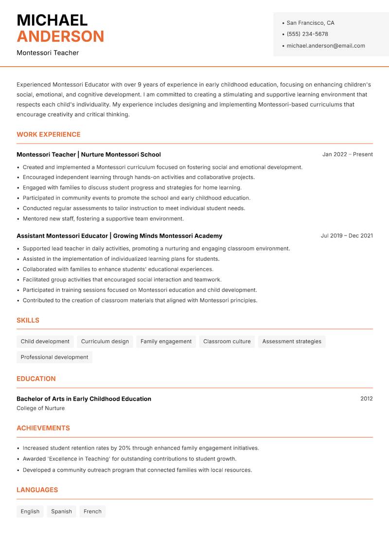Montessori Educator resume template — Modern Professional