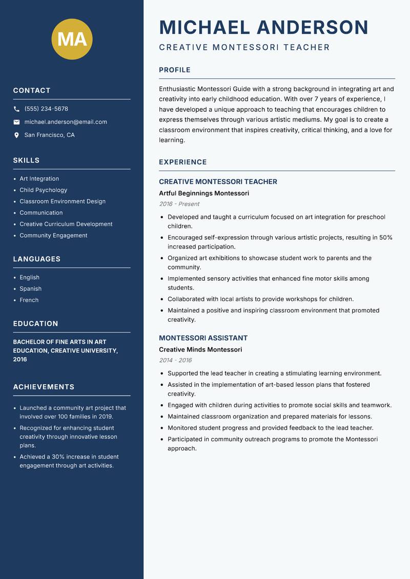 Montessori Guide resume template — Classic Clean