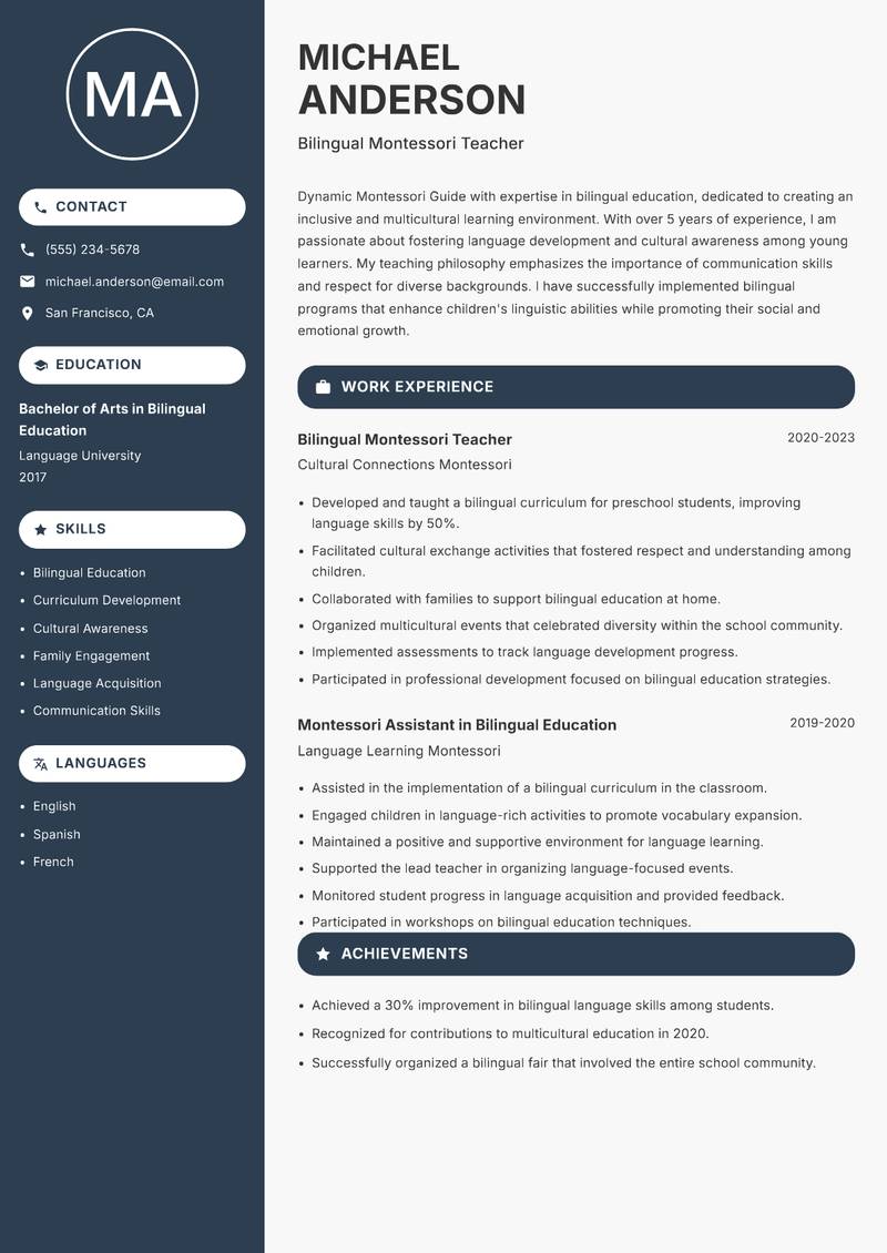 Montessori Guide resume template — Compact