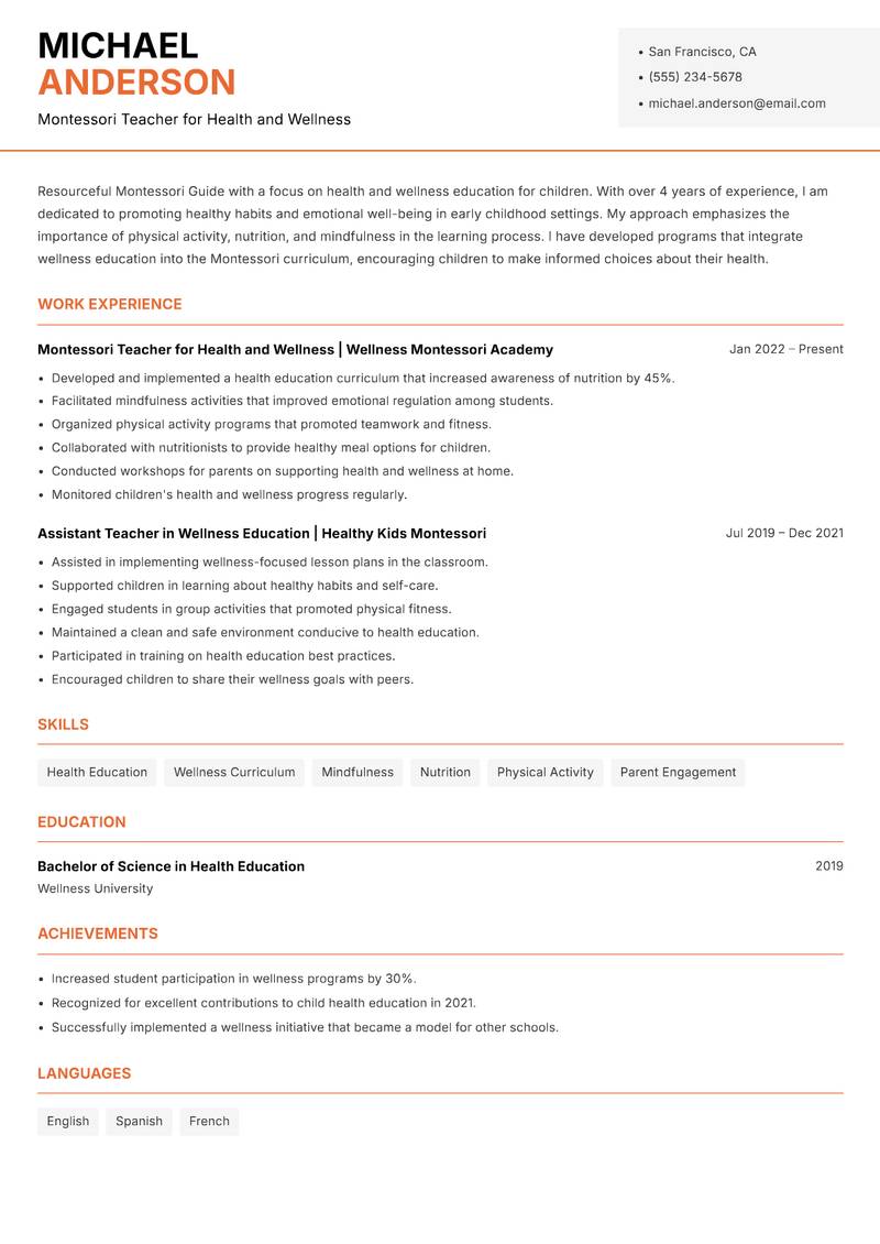 Montessori Guide resume template — Modern Professional