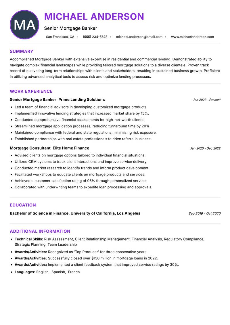 Mortgage Banker resume example — ATS-friendly template