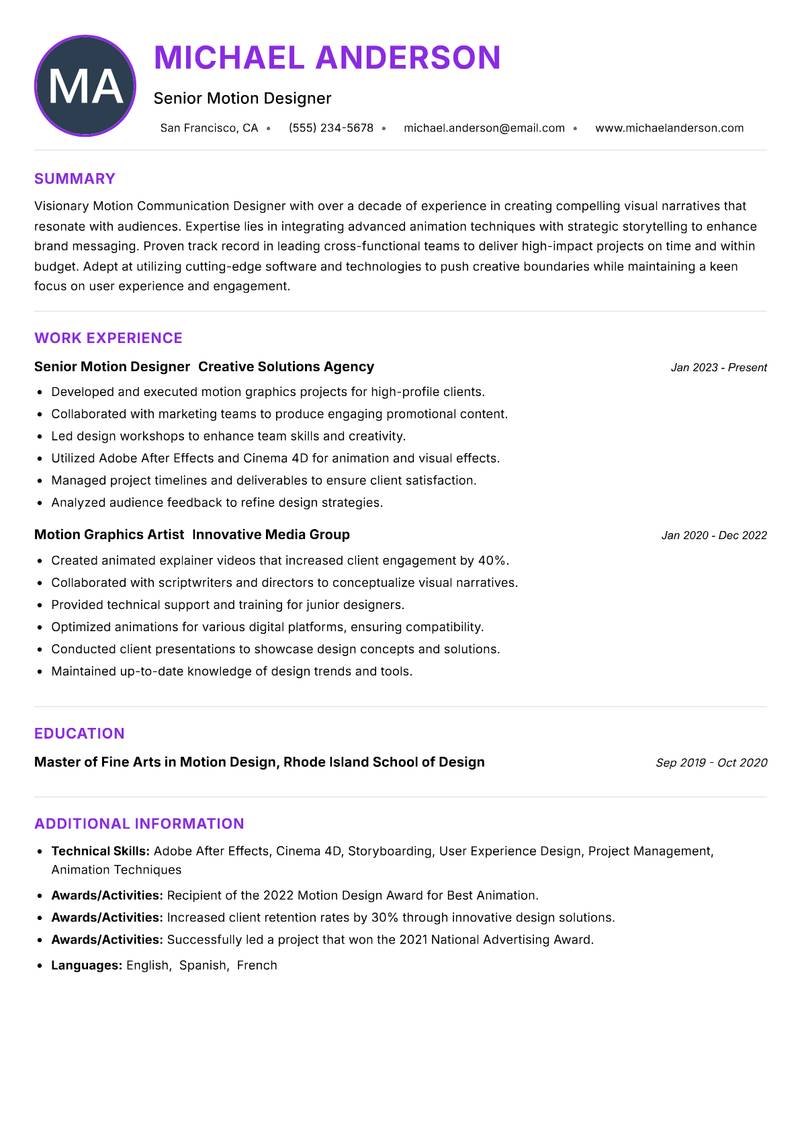 Motion Communication Designer resume example — ATS-friendly template