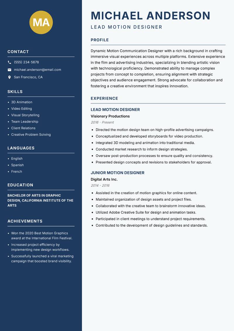 Motion Communication Designer resume template — Classic Clean