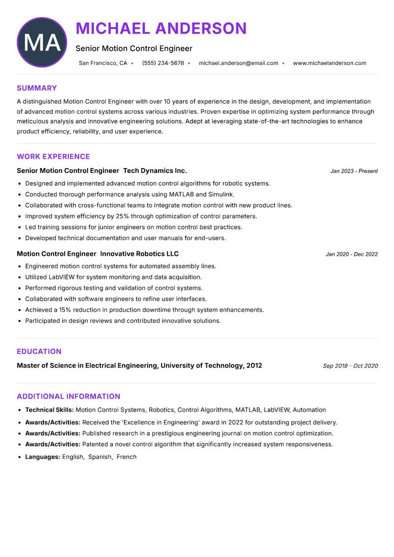 Motion Control Engineer resume example — ATS-friendly template