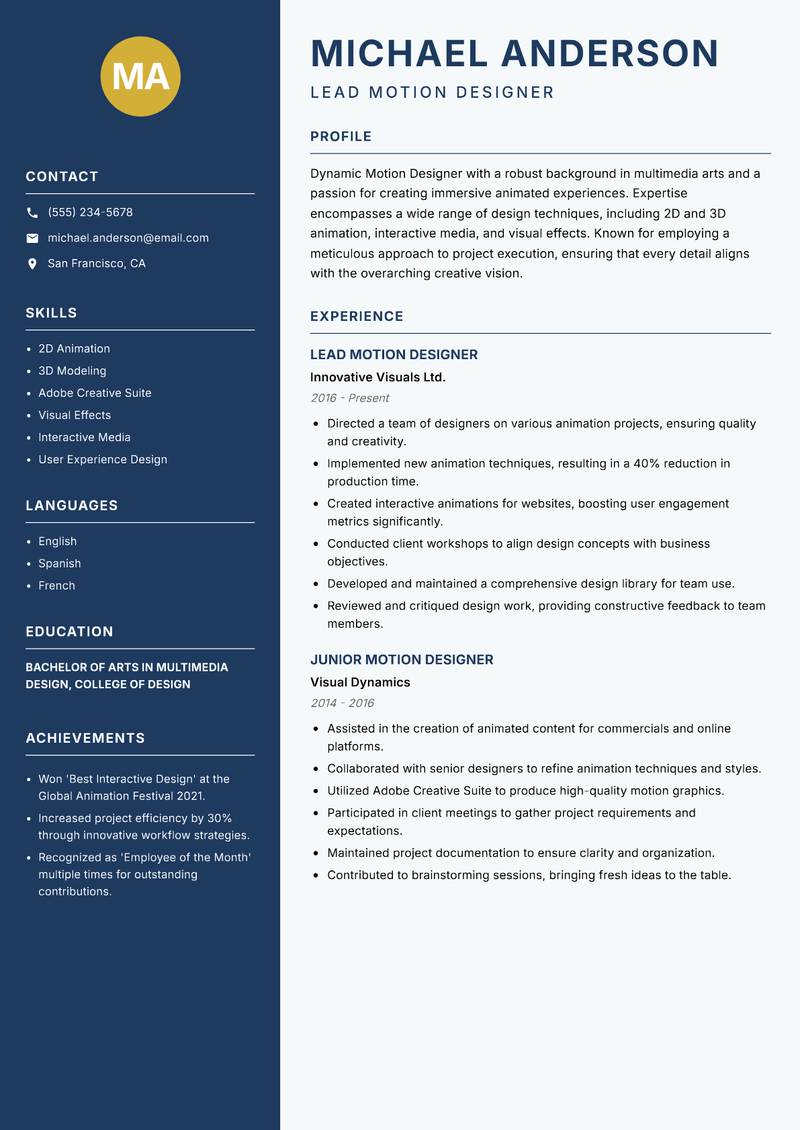 Motion Designer resume template — Classic Clean