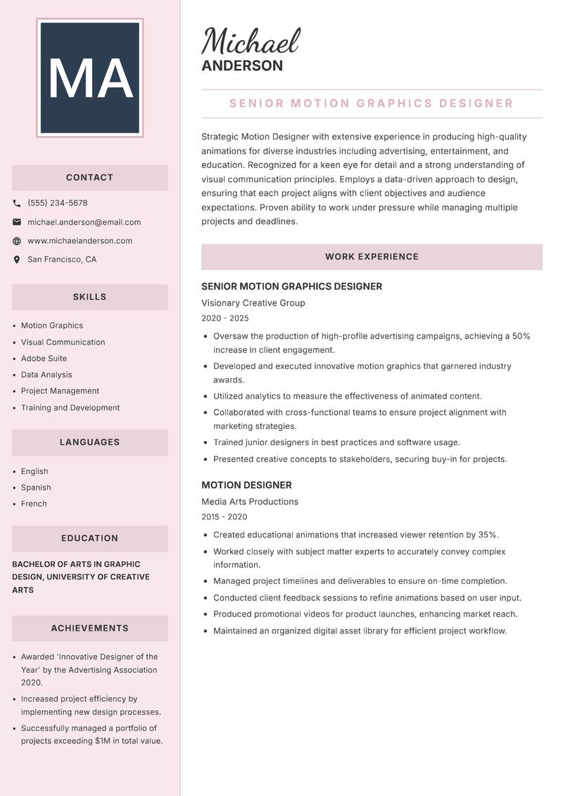 Motion Designer resume template — Executive