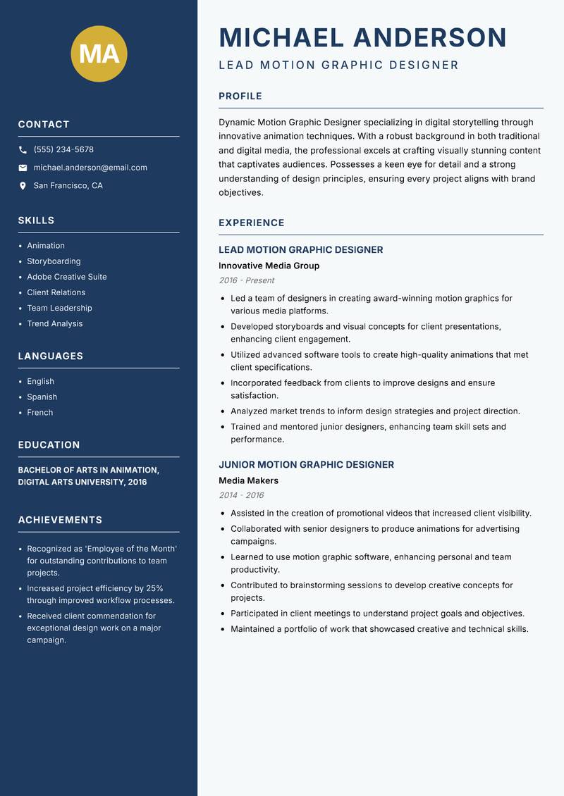 Motion Graphic Designer resume template — Classic Clean