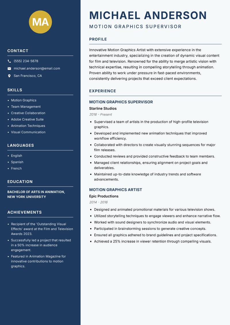 Motion Graphics Artist resume template — Classic Clean