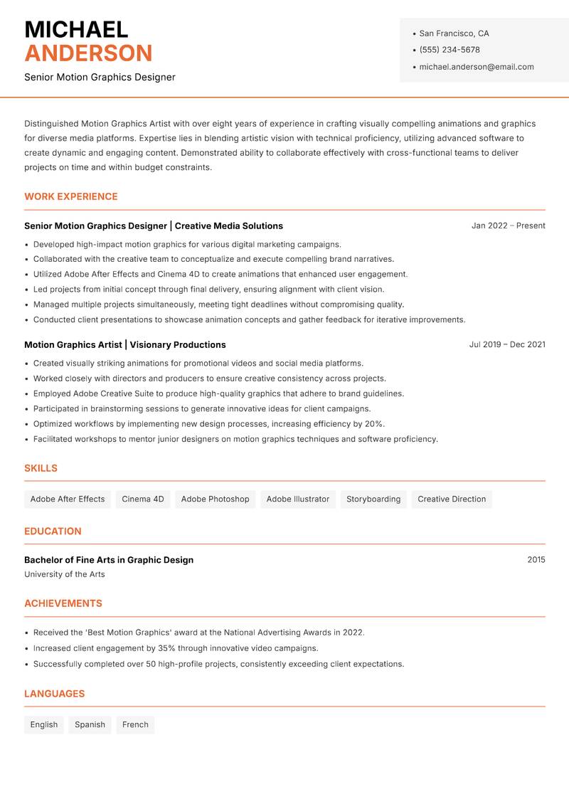 Motion Graphics Artist resume template — Modern Professional