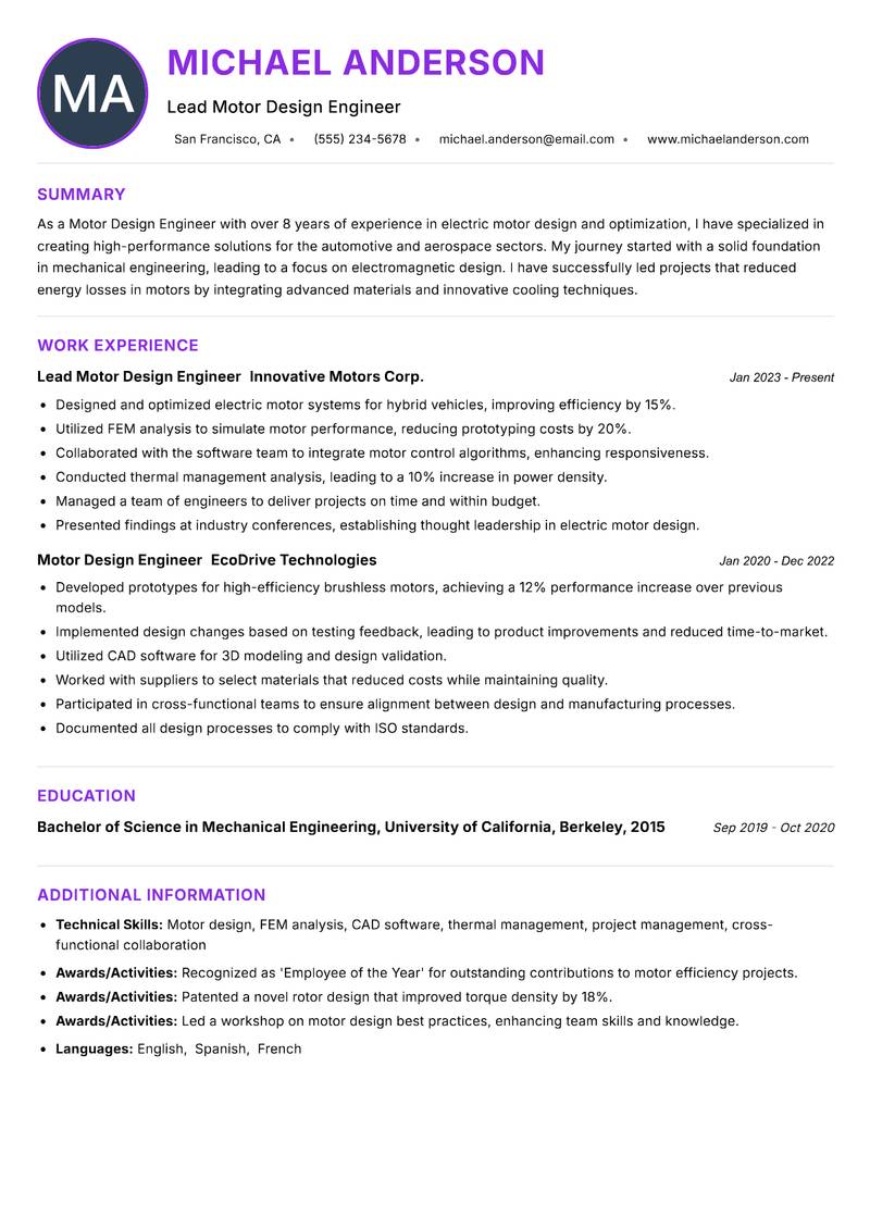 Motor Design Engineer resume example — ATS-friendly template