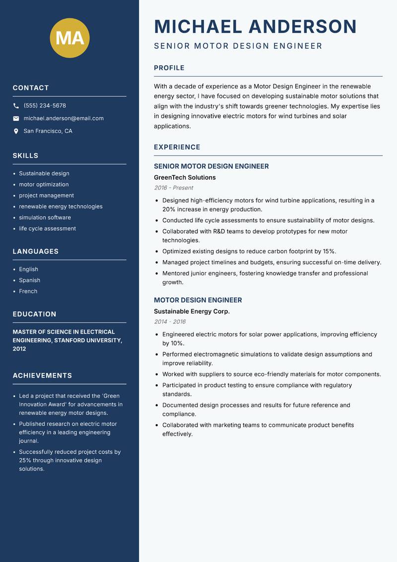 Motor Design Engineer resume template — Classic Clean