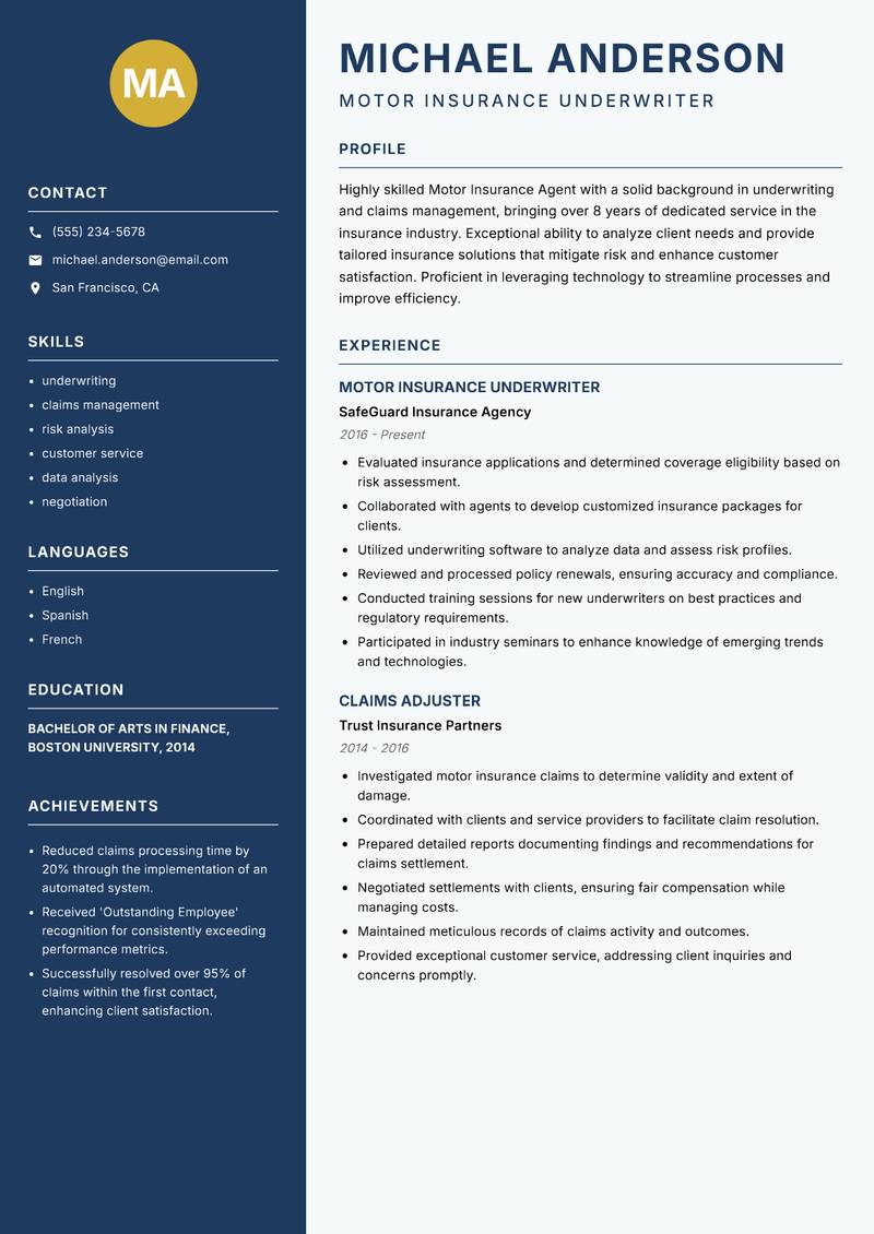 Motor Insurance Agent resume template — Classic Clean