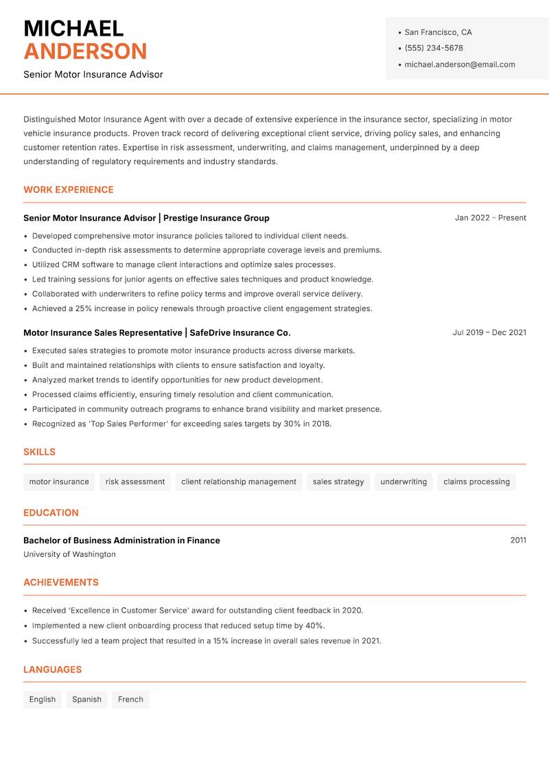 Motor Insurance Agent resume template — Modern Professional