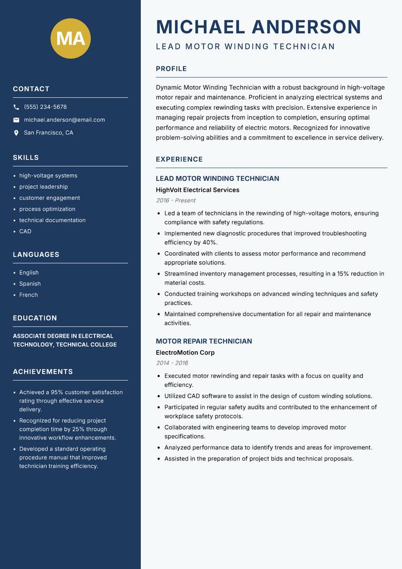 Motor Winding Technician resume template — Classic Clean