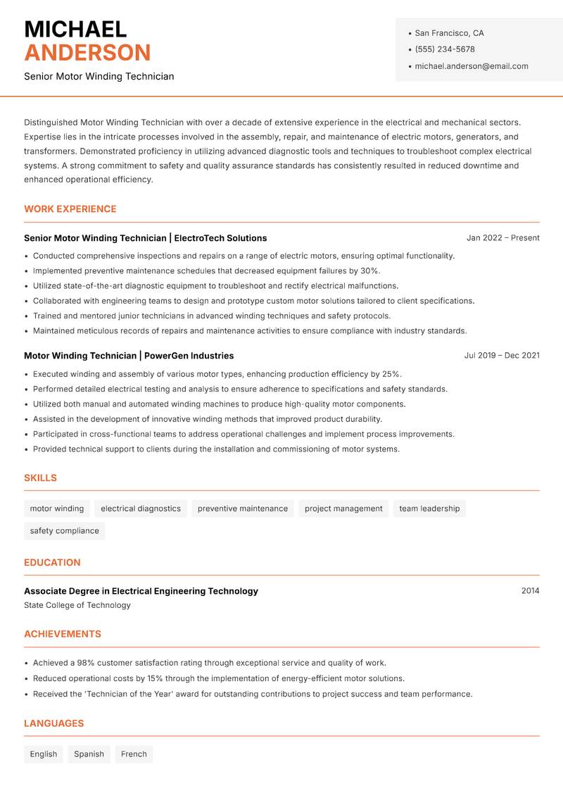 Motor Winding Technician resume template — Modern Professional
