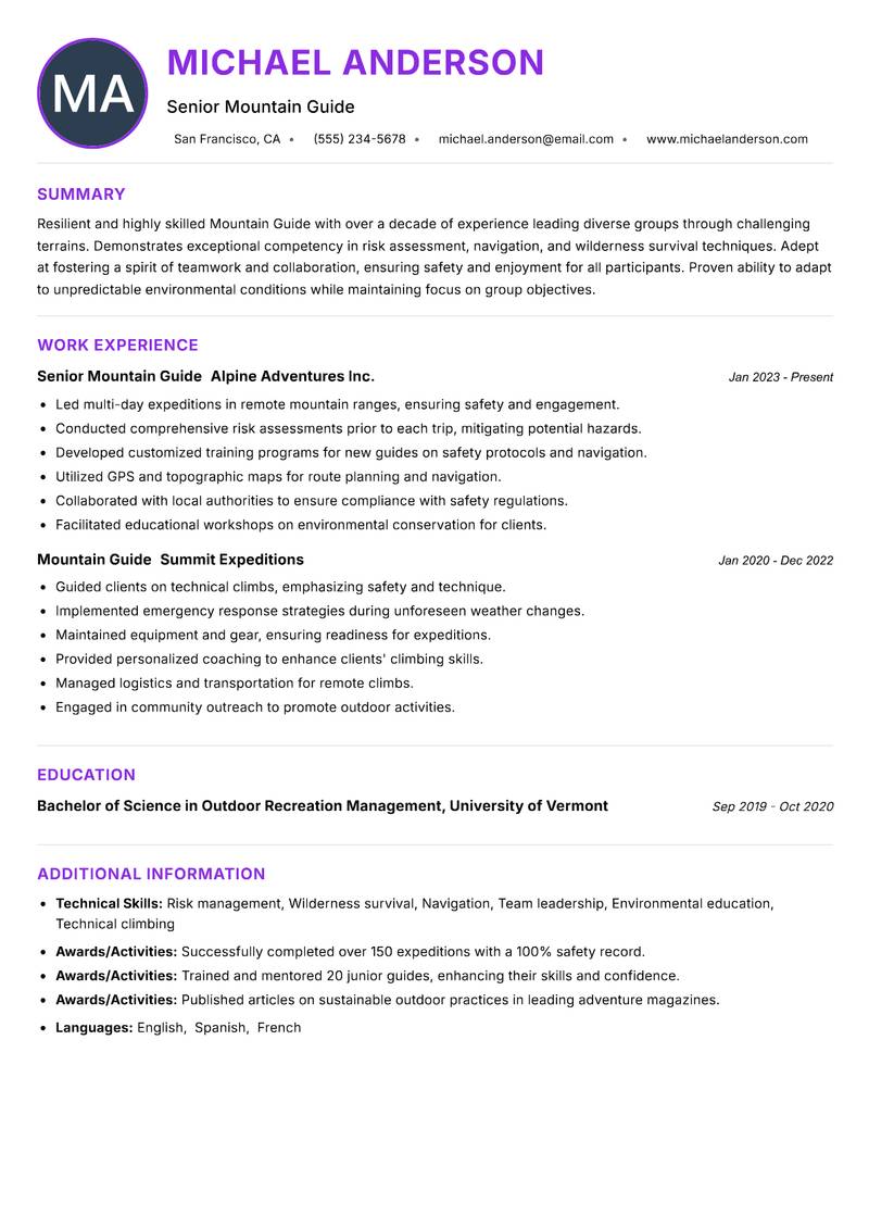 Mountain Guide resume example — ATS-friendly template