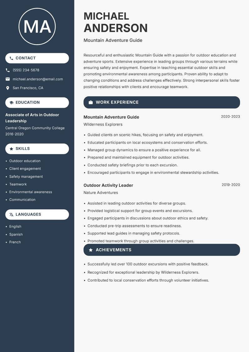 Mountain Guide resume template — Compact