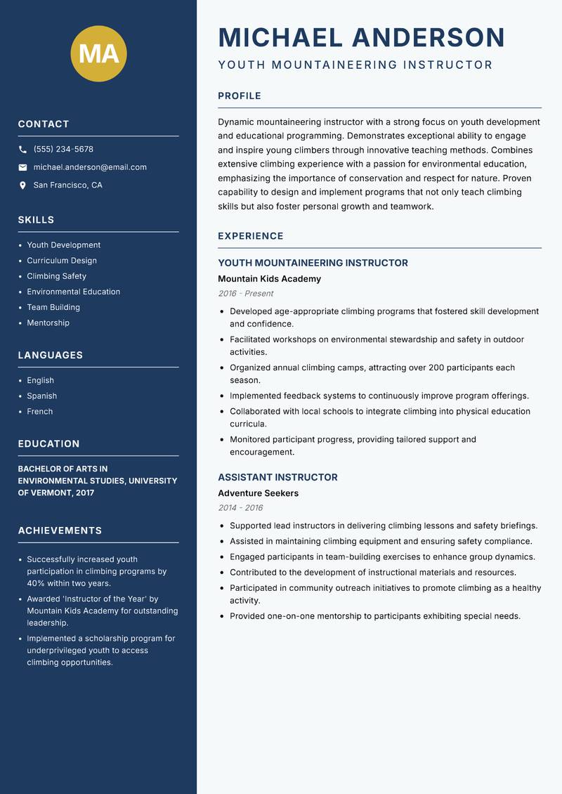 Mountaineering Instructor resume template — Classic Clean