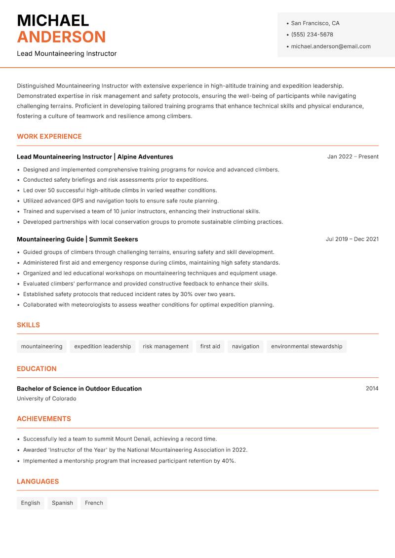 Mountaineering Instructor resume template — Modern Professional
