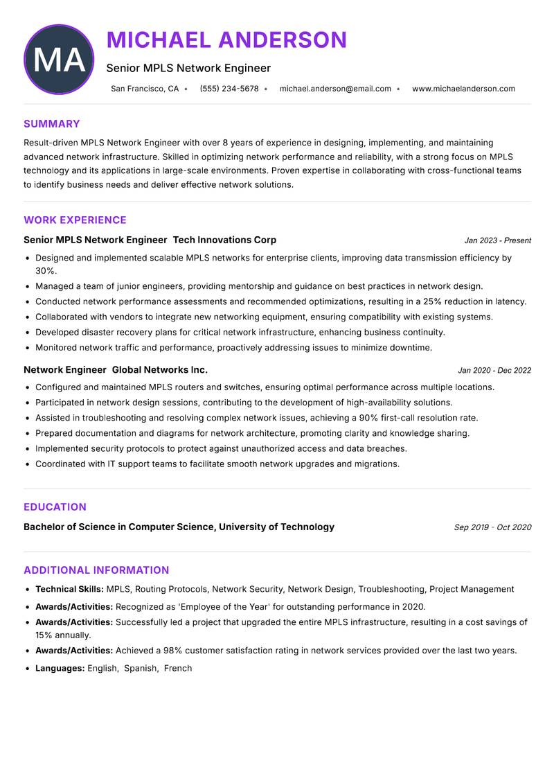 MPLS Network Engineer resume example — ATS-friendly template