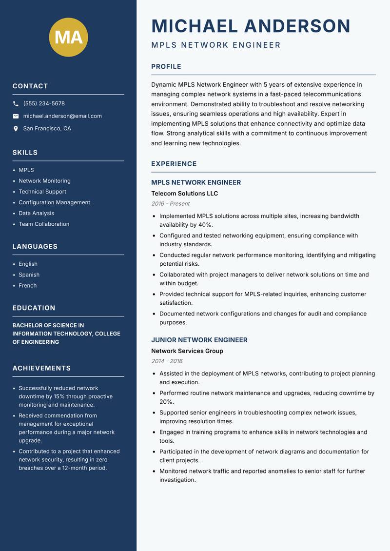 MPLS Network Engineer resume template — Classic Clean