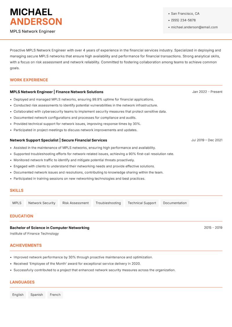 MPLS Network Engineer resume template — Modern Professional