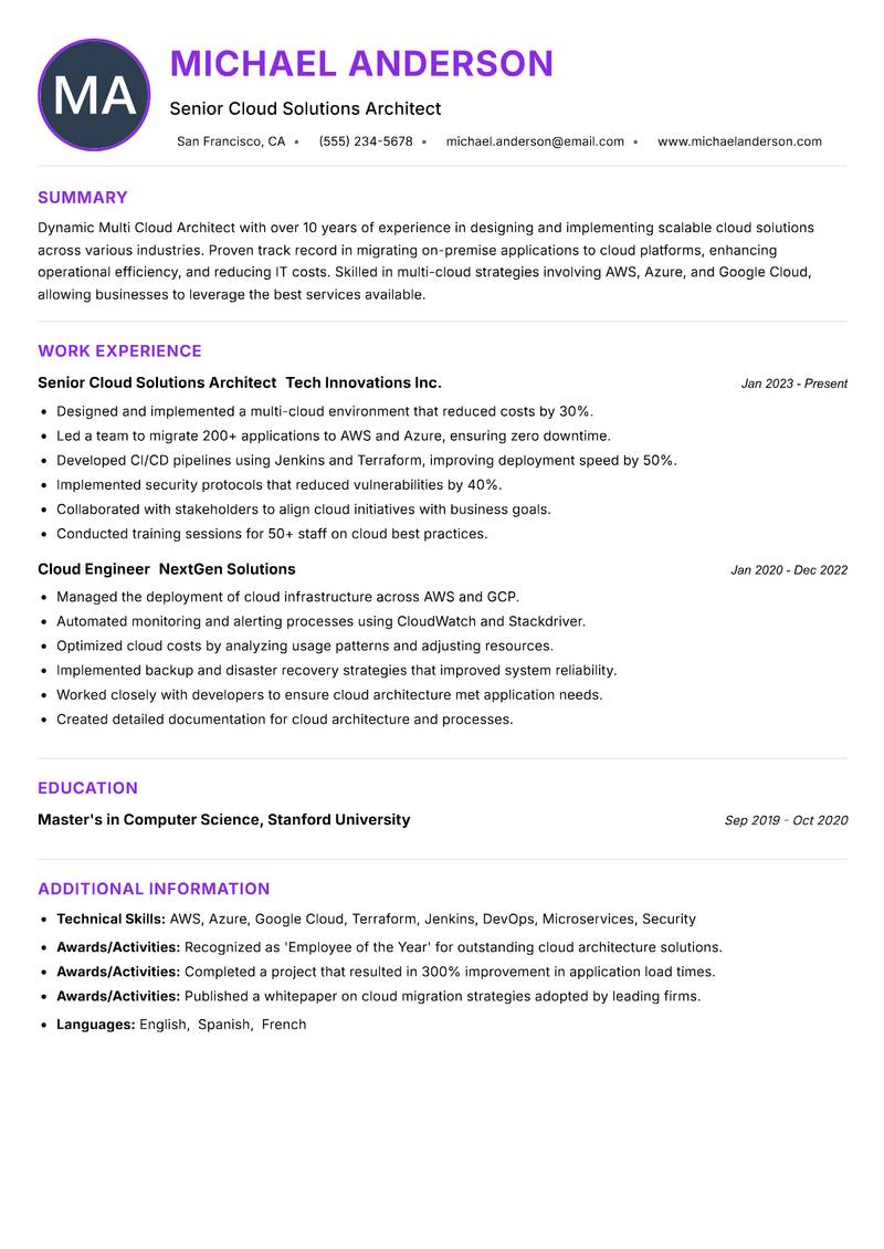 Multi Cloud Architect resume example — ATS-friendly template