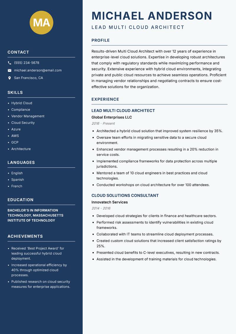 Multi Cloud Architect resume template — Classic Clean