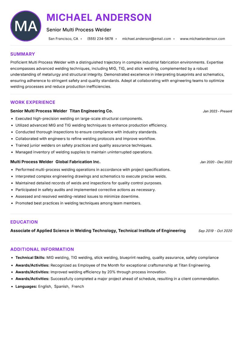 Multi Process Welder resume example — ATS-friendly template