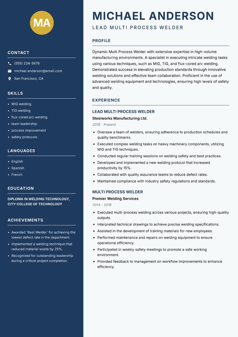 Multi Process Welder resume template — Classic Clean