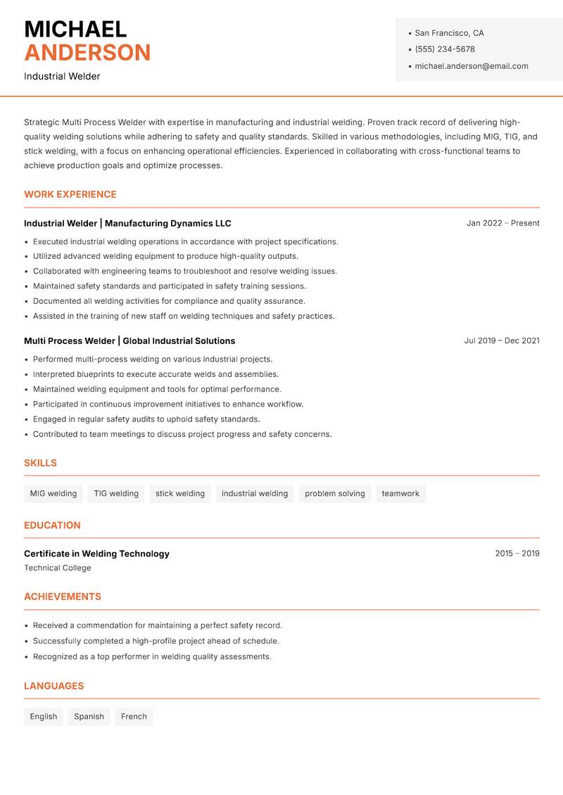 Multi Process Welder resume template — Modern Professional
