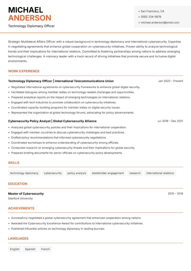 Multilateral Affairs Officer resume template — Modern Professional