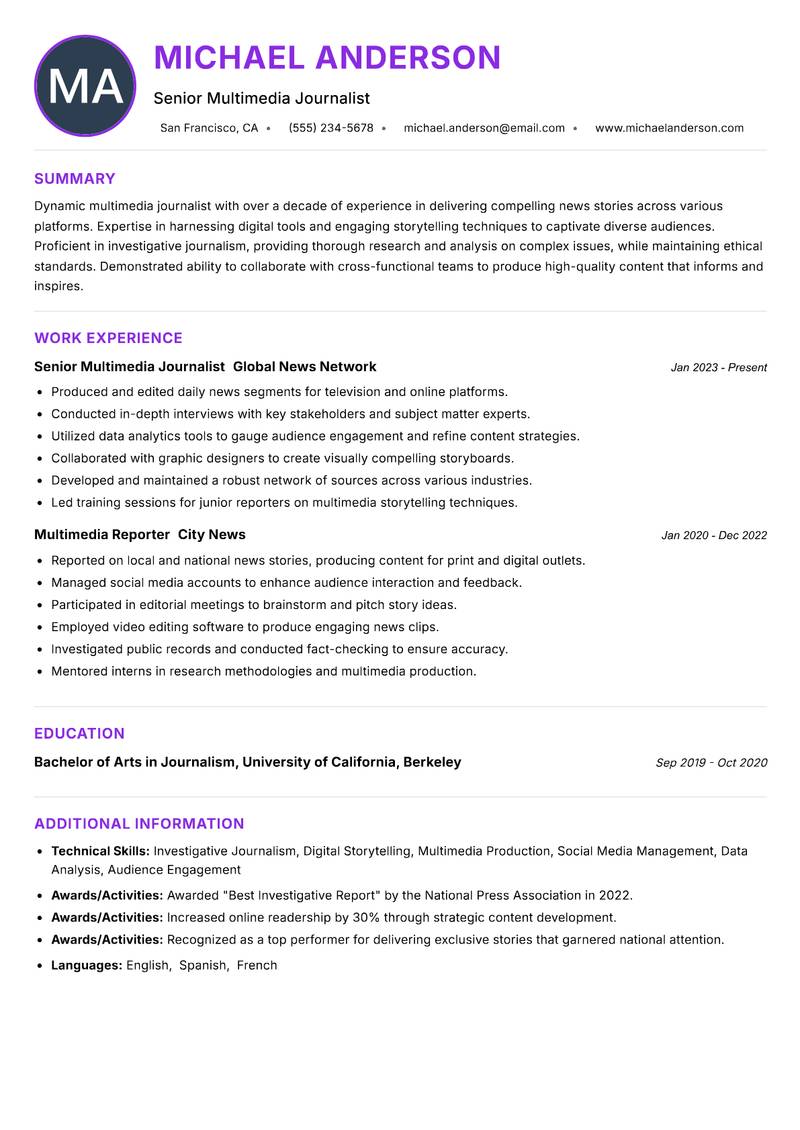 Multimedia Journalist resume example — ATS-friendly template