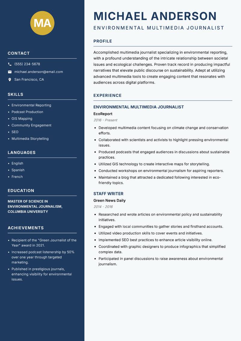 Multimedia Journalist resume template — Classic Clean