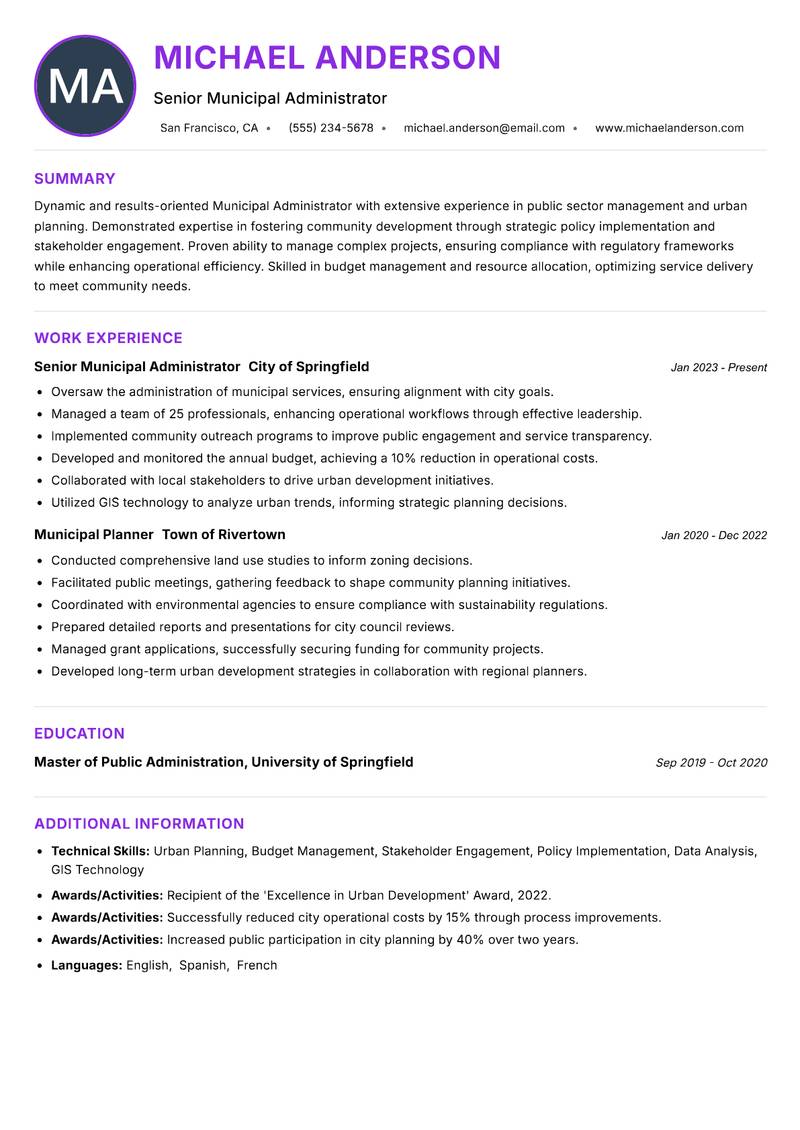 Municipal Administrator resume example — ATS-friendly template