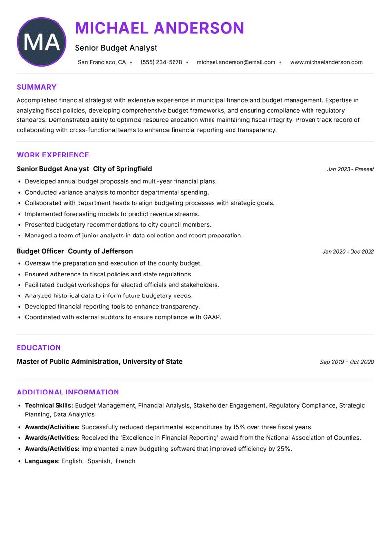 Municipal Budget Officer resume example — ATS-friendly template