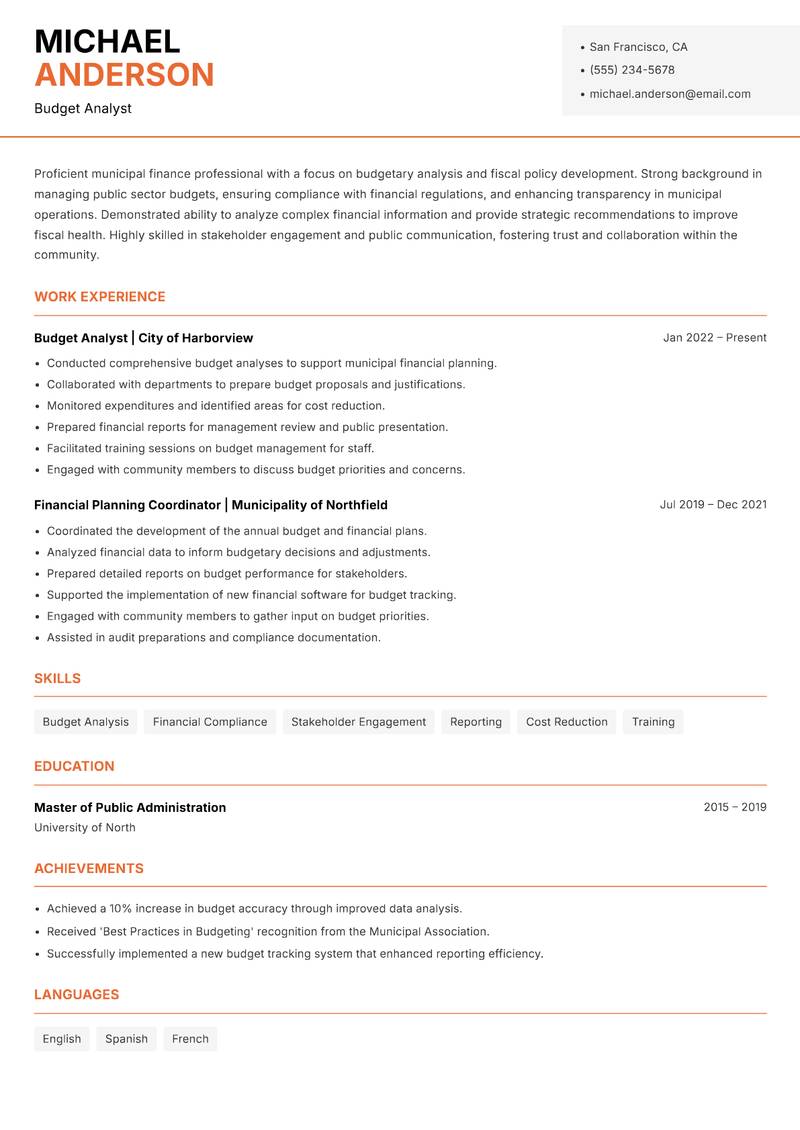 Municipal Budget Officer resume template — Modern Professional