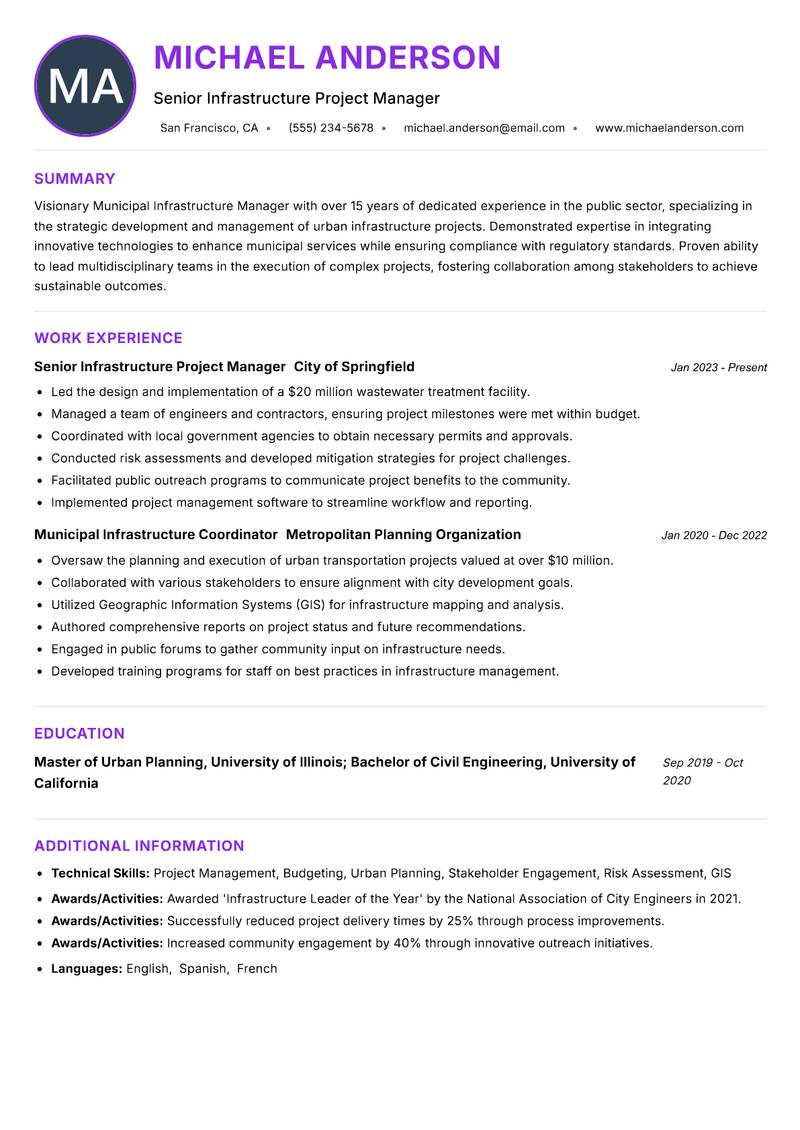Municipal Infrastructure Manager resume example — ATS-friendly template