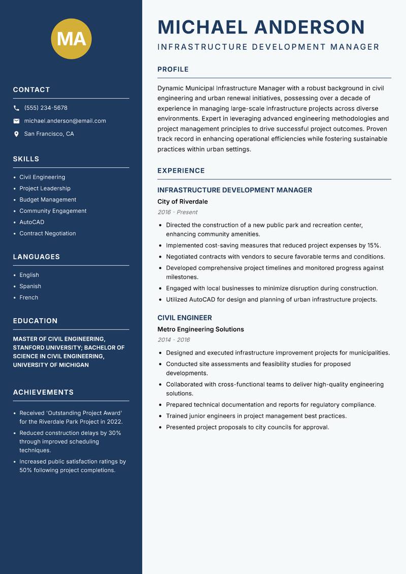 Municipal Infrastructure Manager resume template — Classic Clean