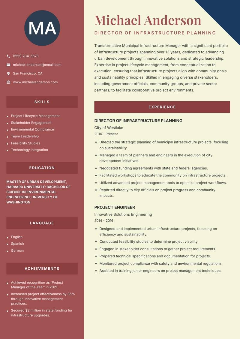 Municipal Infrastructure Manager resume template — Two Column