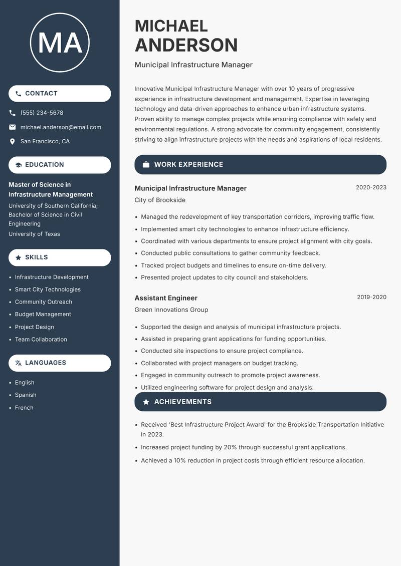 Municipal Infrastructure Manager resume template — Compact
