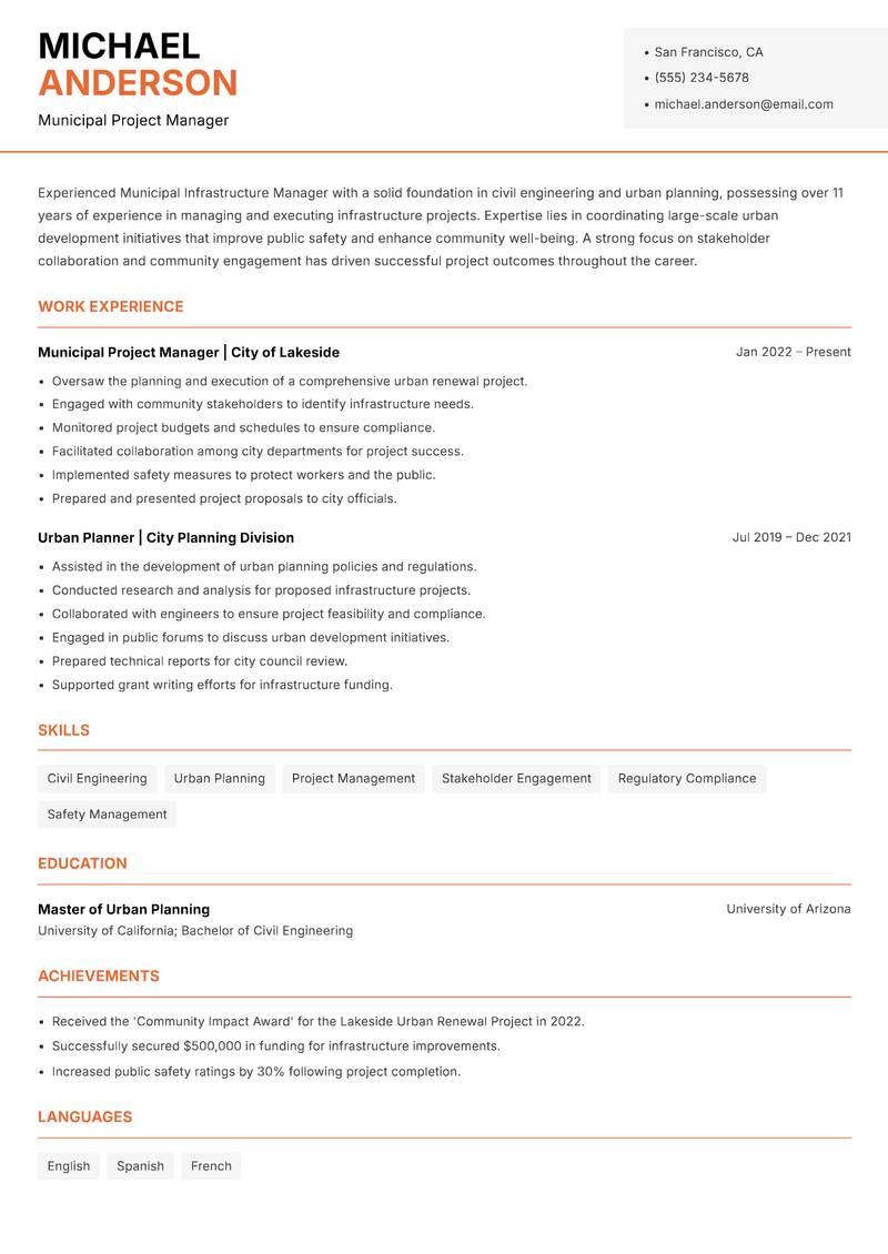 Municipal Infrastructure Manager resume template — Modern Professional