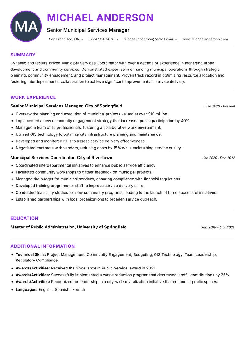 Municipal Services Coordinator resume example — ATS-friendly template