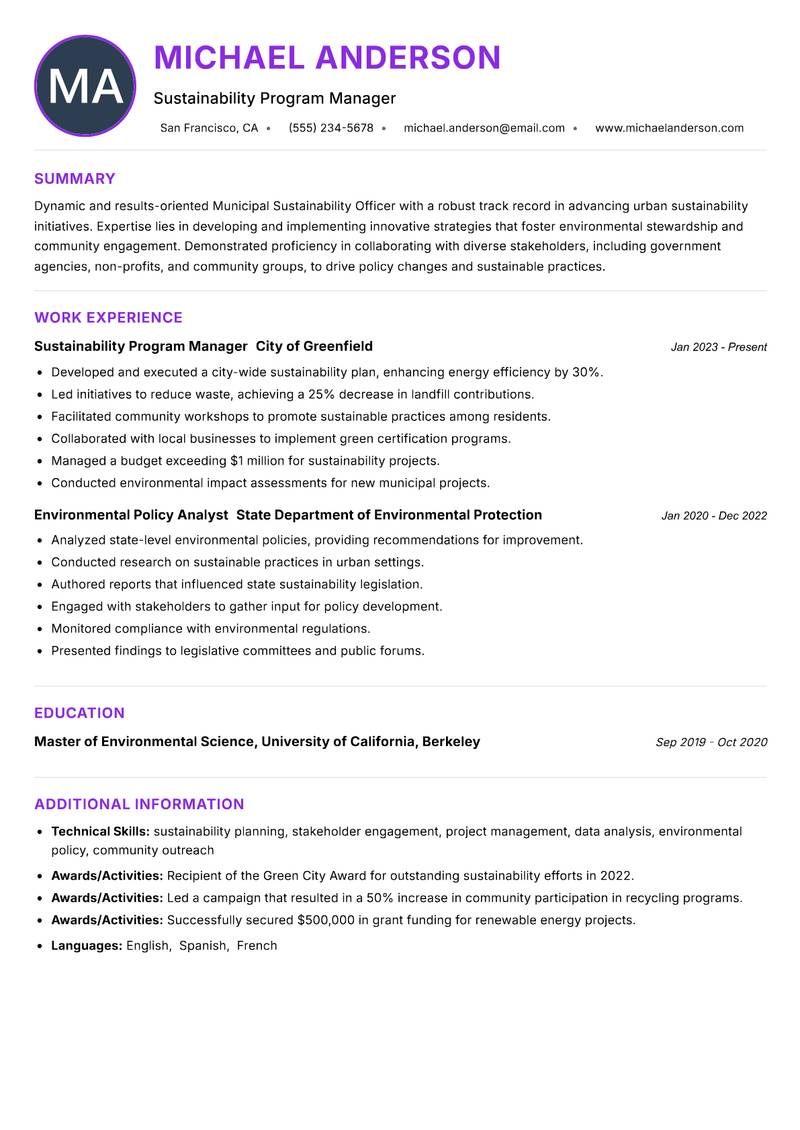 Municipal Sustainability Officer resume example — ATS-friendly template