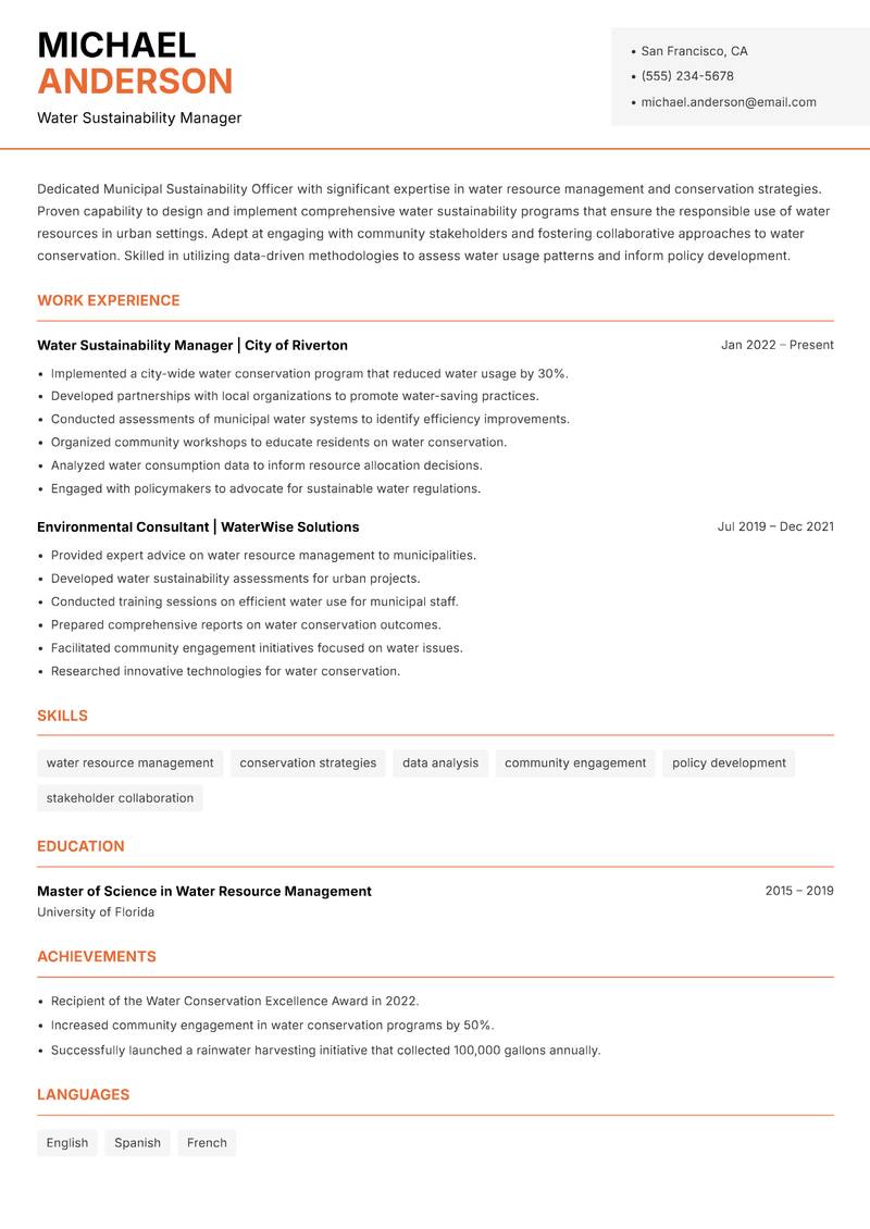Municipal Sustainability Officer resume template — Modern Professional