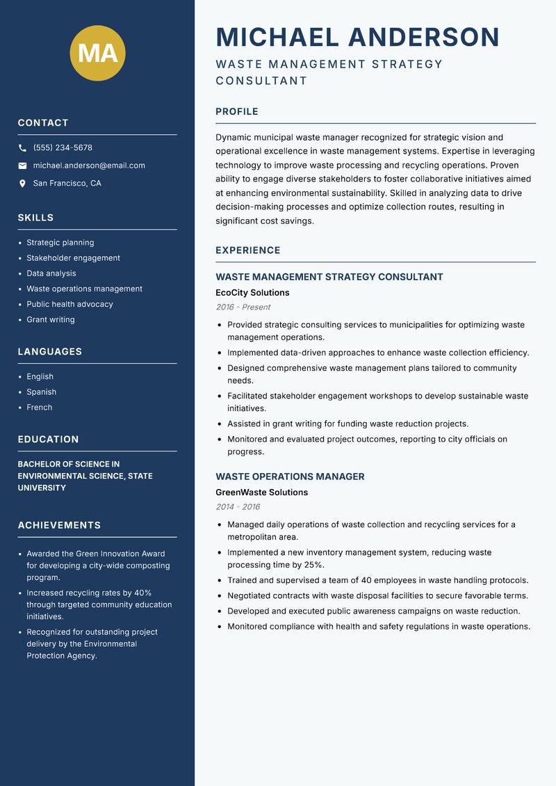 Municipal Waste Manager resume template — Classic Clean