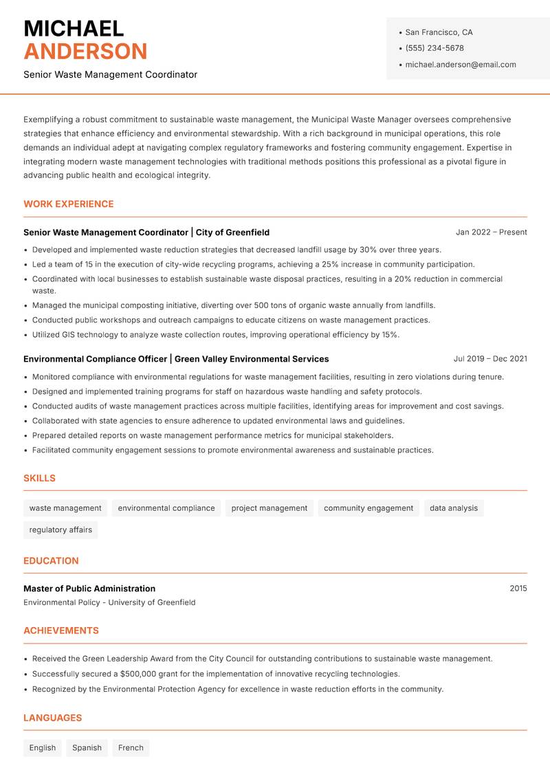 Municipal Waste Manager resume template — Modern Professional