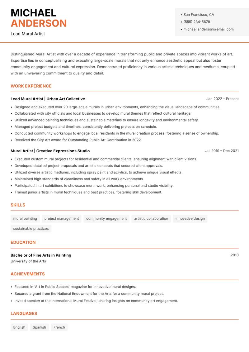 Mural Artist resume template — Modern Professional