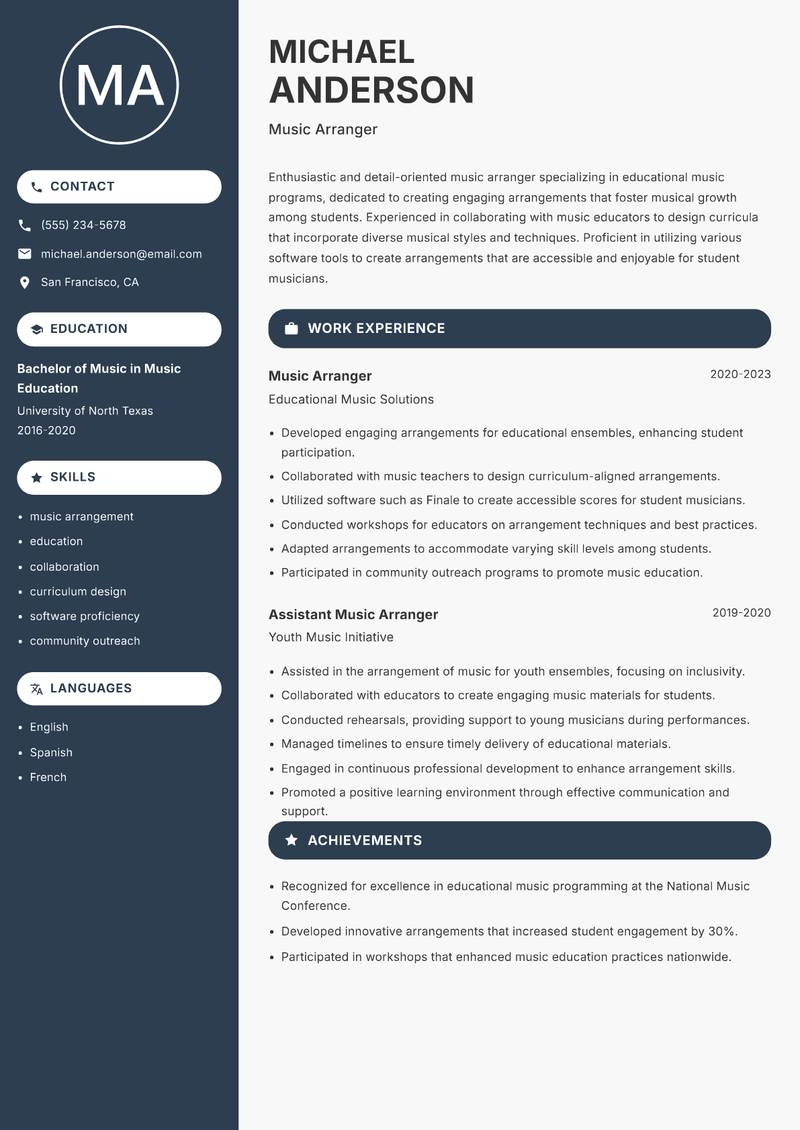 Music Arranger resume template — Compact