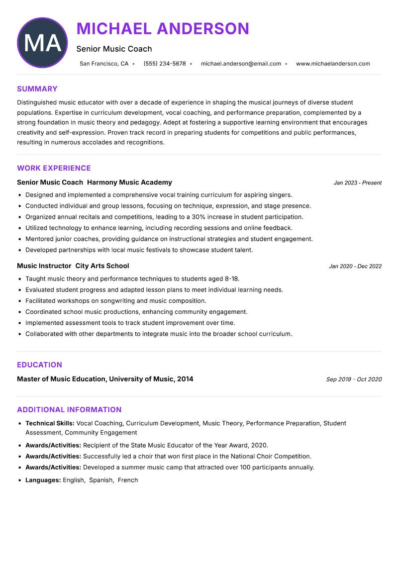 Music Coach resume example — ATS-friendly template
